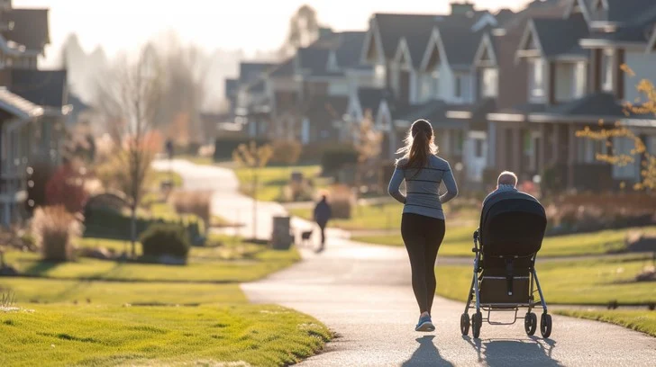 Morning walking routine on neighborhood path